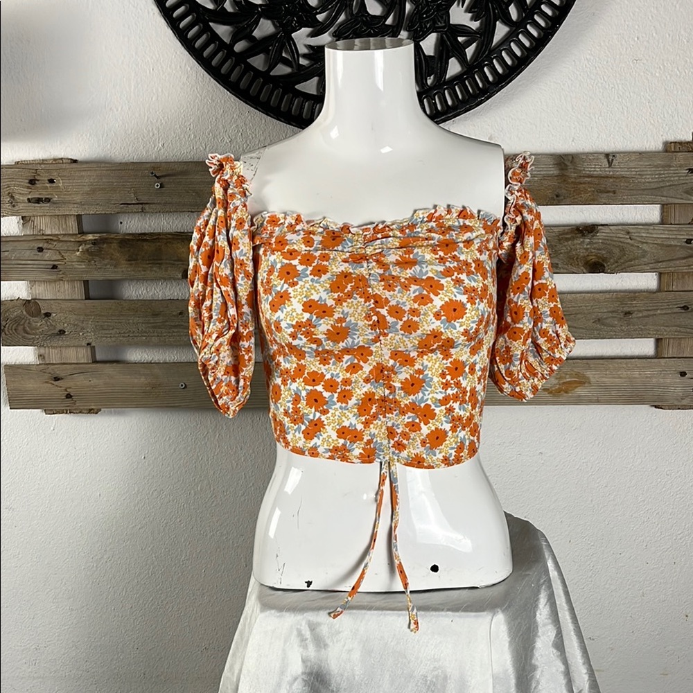 Forever 21 Orange and White Puff Sleeve Crop Top